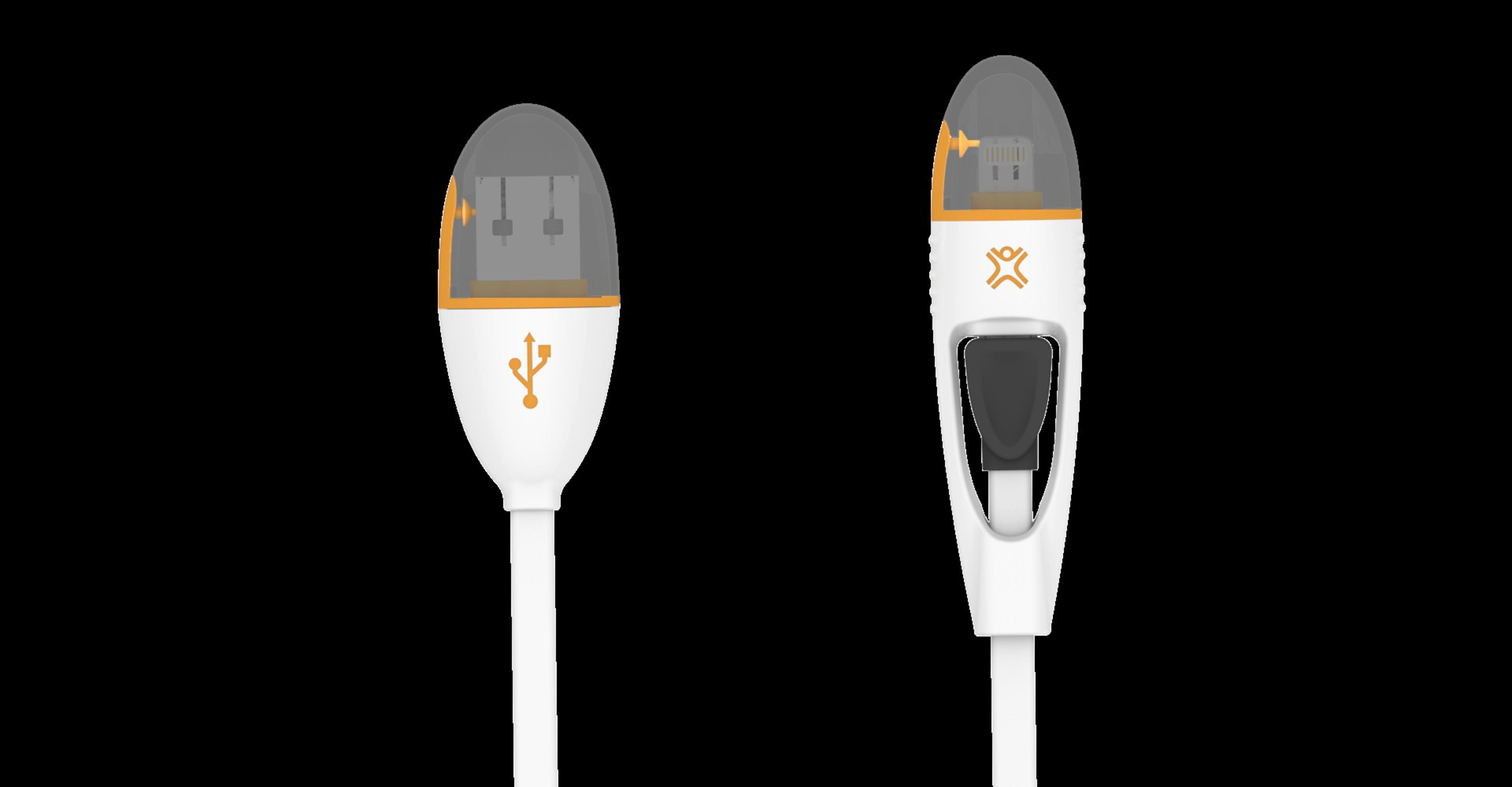 Weißes Ladekabel mit USB, Lightning und Micro-USB-Anschlüssen, mit orangefarbener und grauer Abdeckung.