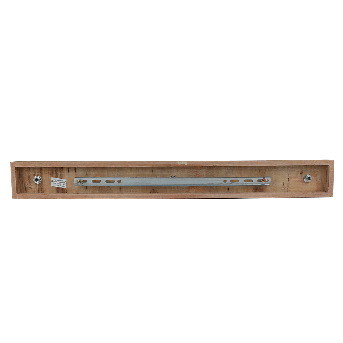 Base rectangular de madera con una barra metálica en la parte posterior con orificios para tornillos.