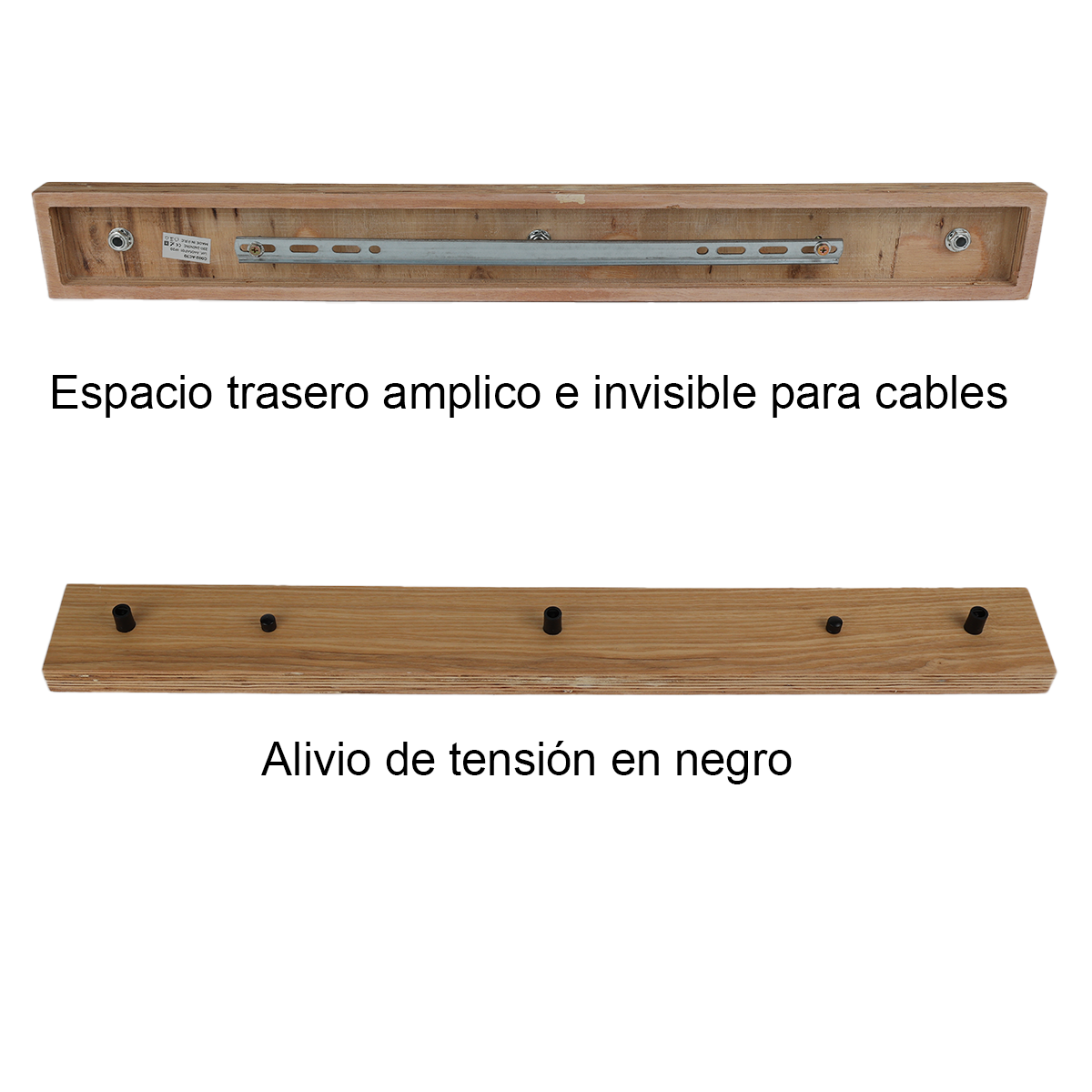 Rectángulo de madera con orificios para tornillos, con barra metálica y etiqueta de texto en la parte superior.