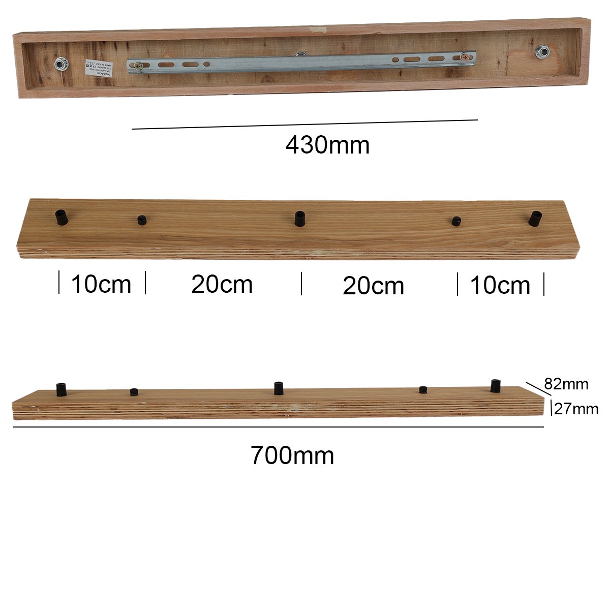 Diagrama de un rectángulo de madera con dimensiones y círculos negros, con descripciones de texto.