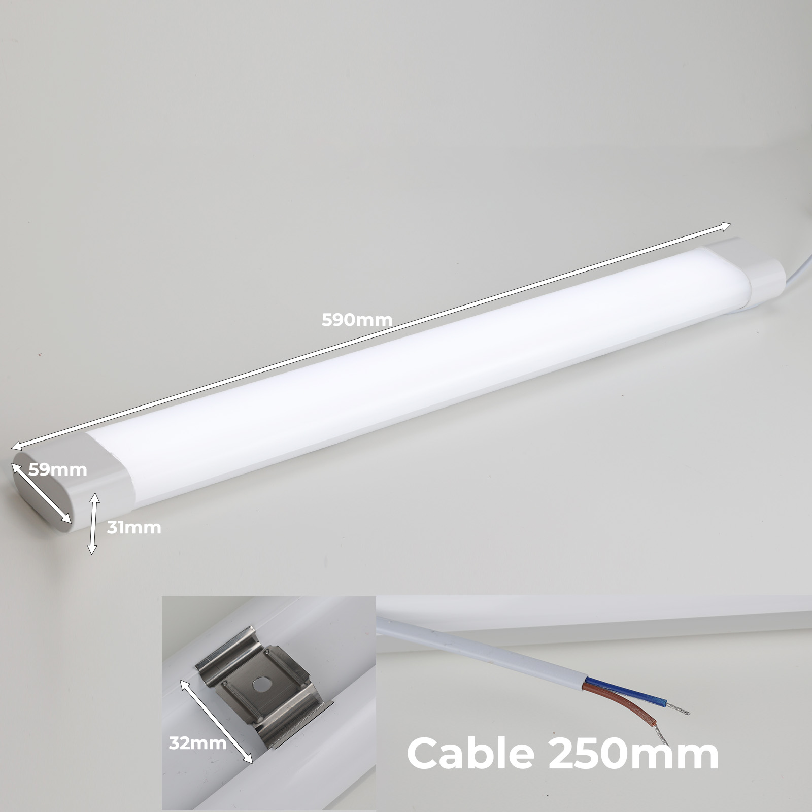 Tubo LED blanco con etiquetas de dimensiones, y un primer plano con cableado, fondo blanco.