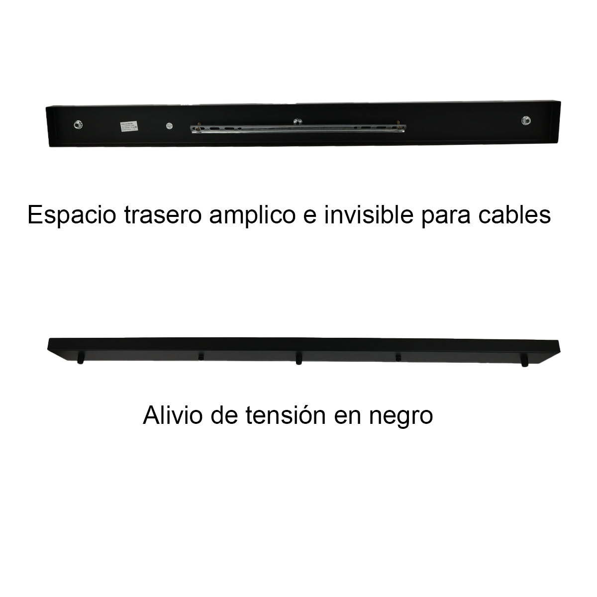 Dos vistas de un soporte rectangular negro. Un lado tiene texto en español.