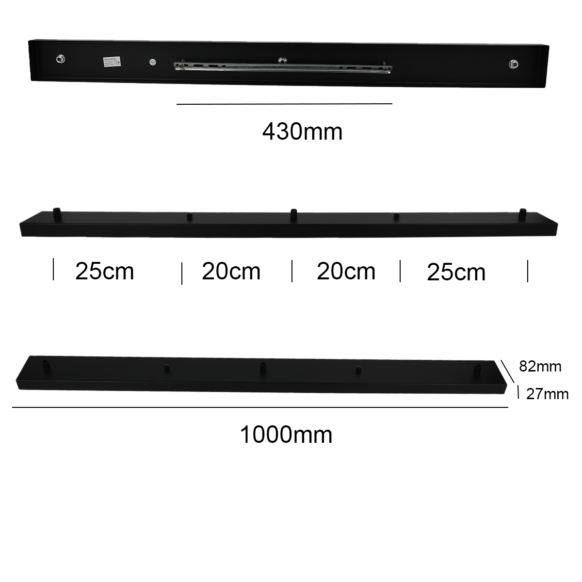 Tres vistas de un soporte rectangular negro con dimensiones etiquetadas, sobre fondo blanco.