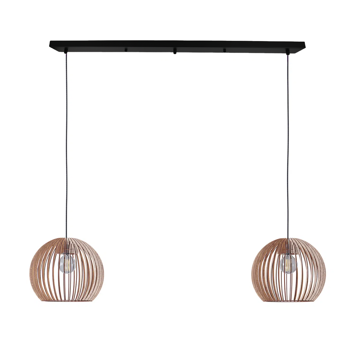Dos lámparas colgantes esféricas de madera colgando de un soporte negro.