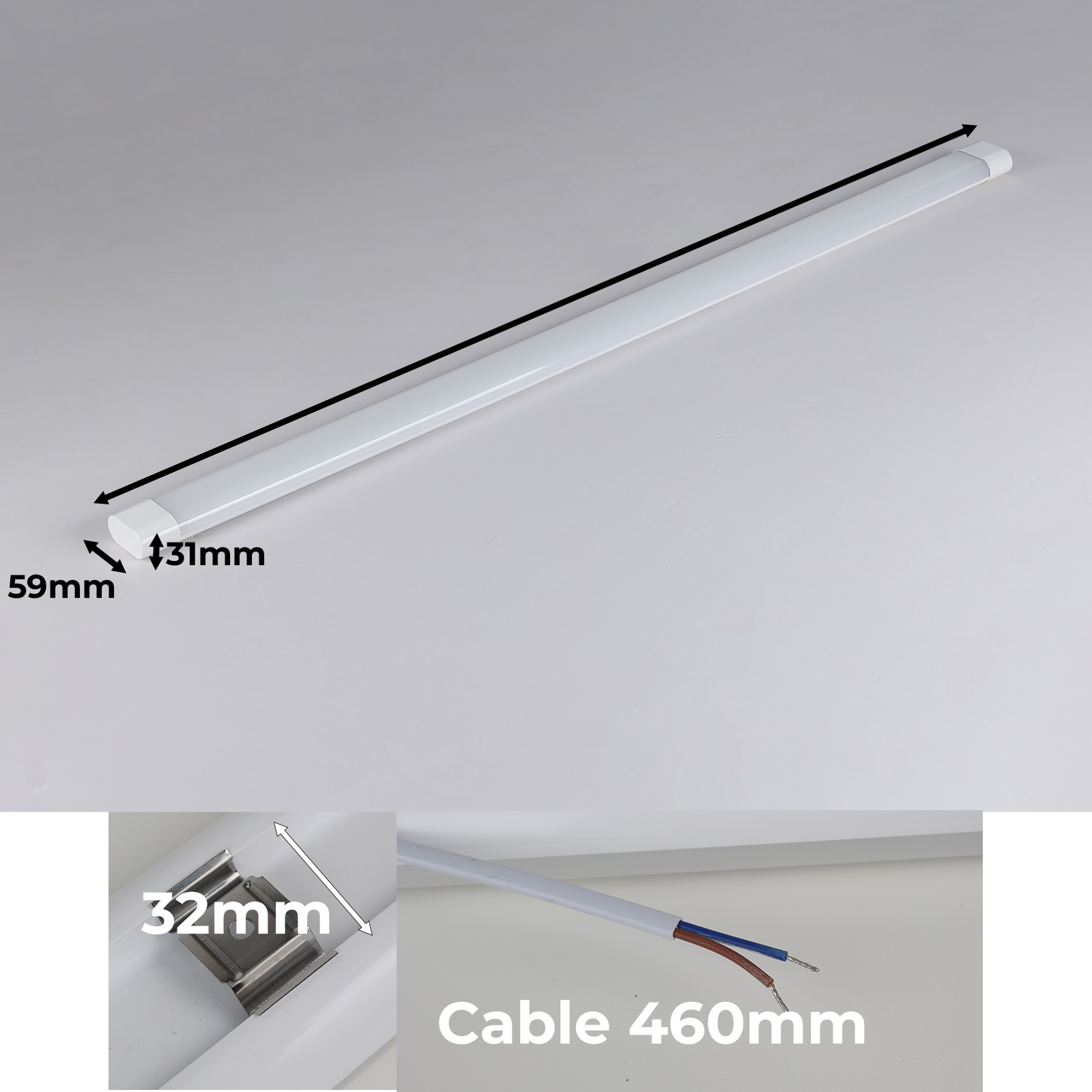 Una barra de luz LED con medidas sobre un fondo blanco, que muestra las dimensiones y la longitud del cable.