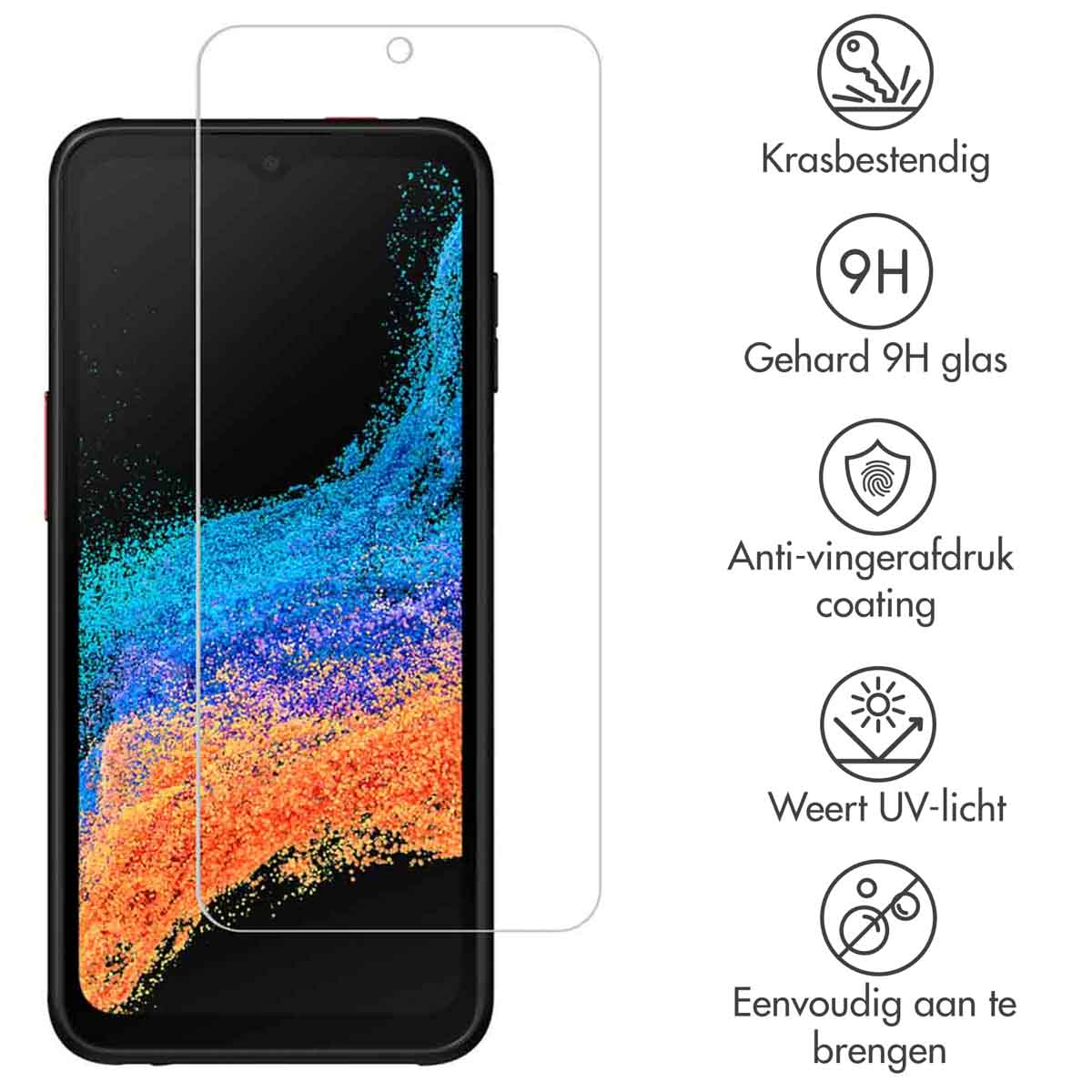 Un protecteur d'écran de téléphone à côté d'un téléphone, montrant des caractéristiques anti-rayures et résistantes aux UV.