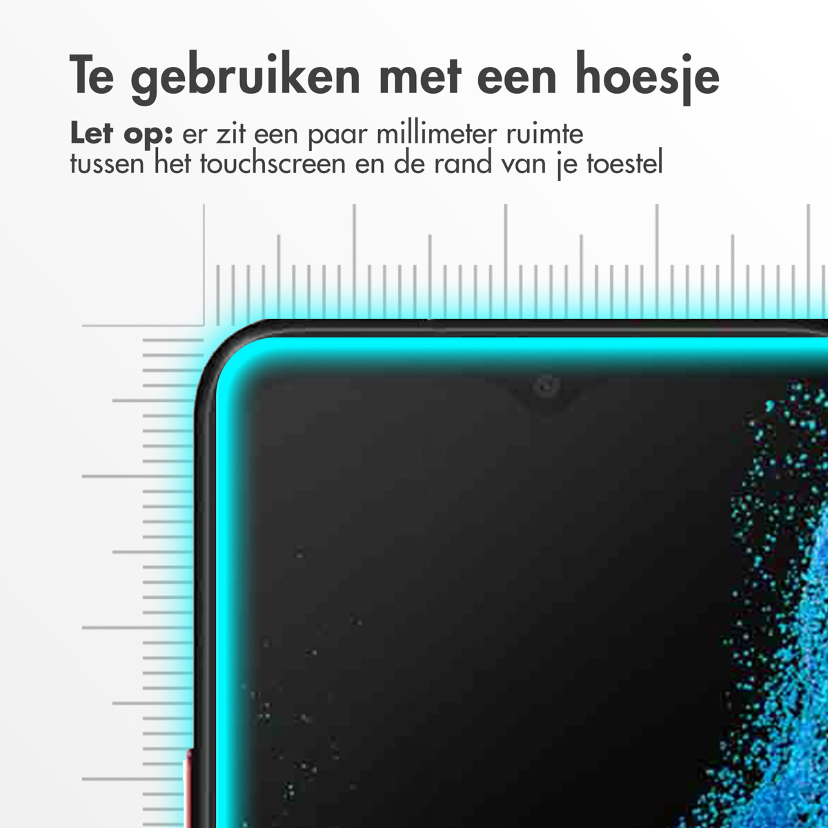 Protection d'écran avec découpe pour l'appareil photo. Un graphique de règle indique l'espace en millimètres.