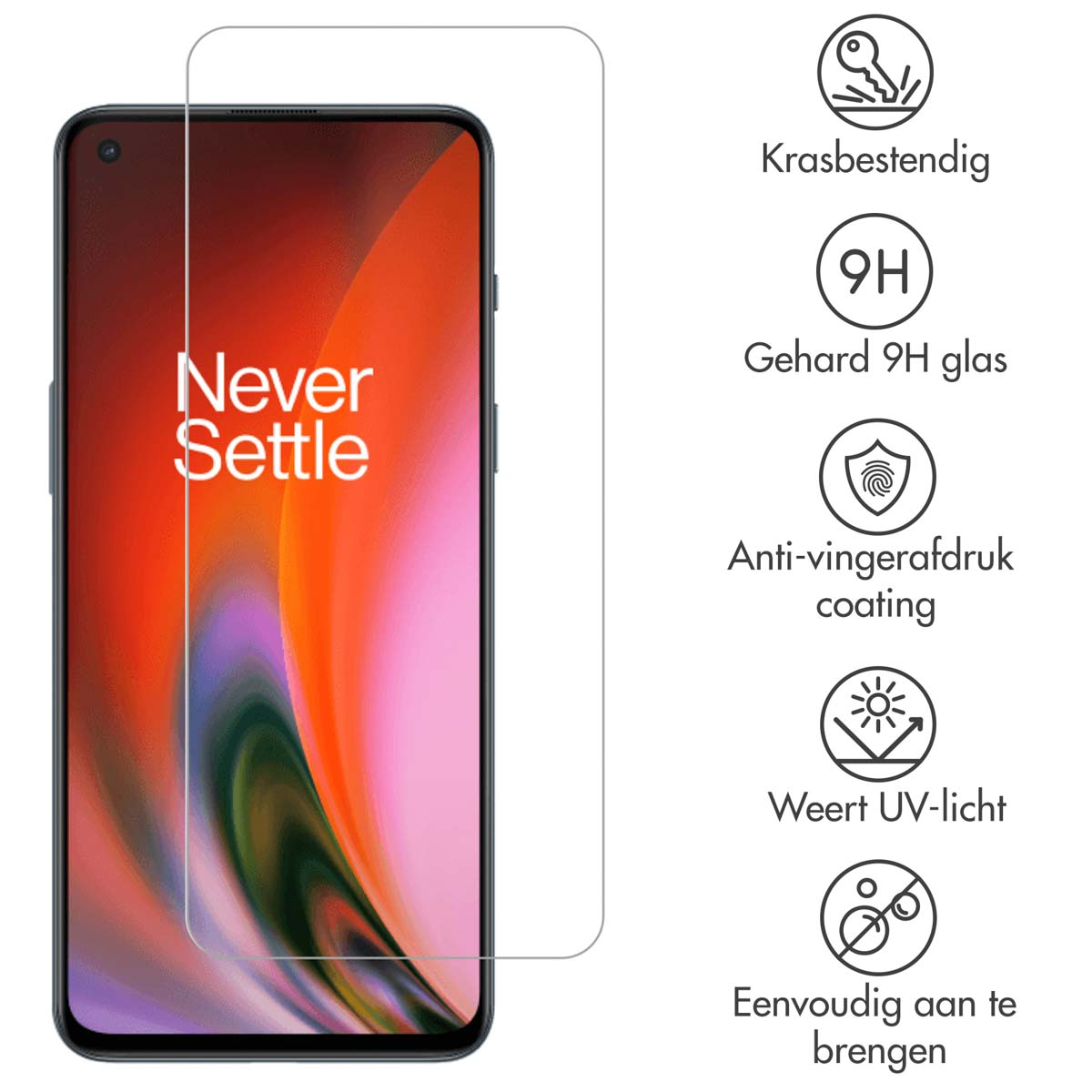 Een schermbeschermer voor een telefoon, met de nadruk op functies zoals krasbestendigheid, anti-vingerafdrukcoating en UV-lichtbescherming.