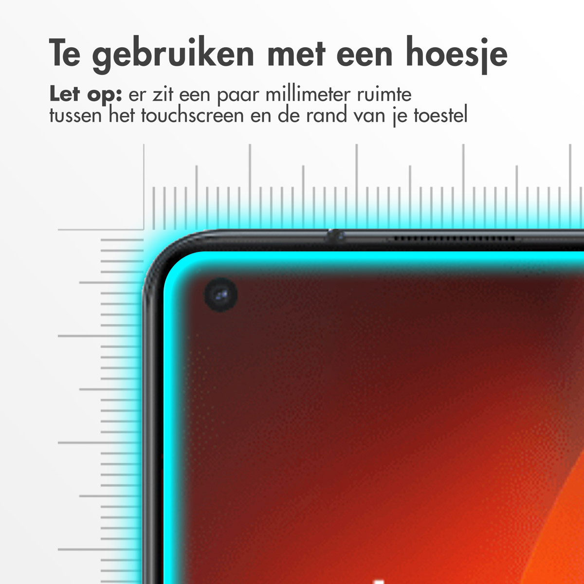 Telefoonscherm met Nederlandse tekst, liniaal overlay. Toont een telefoon met schermbeschermer.