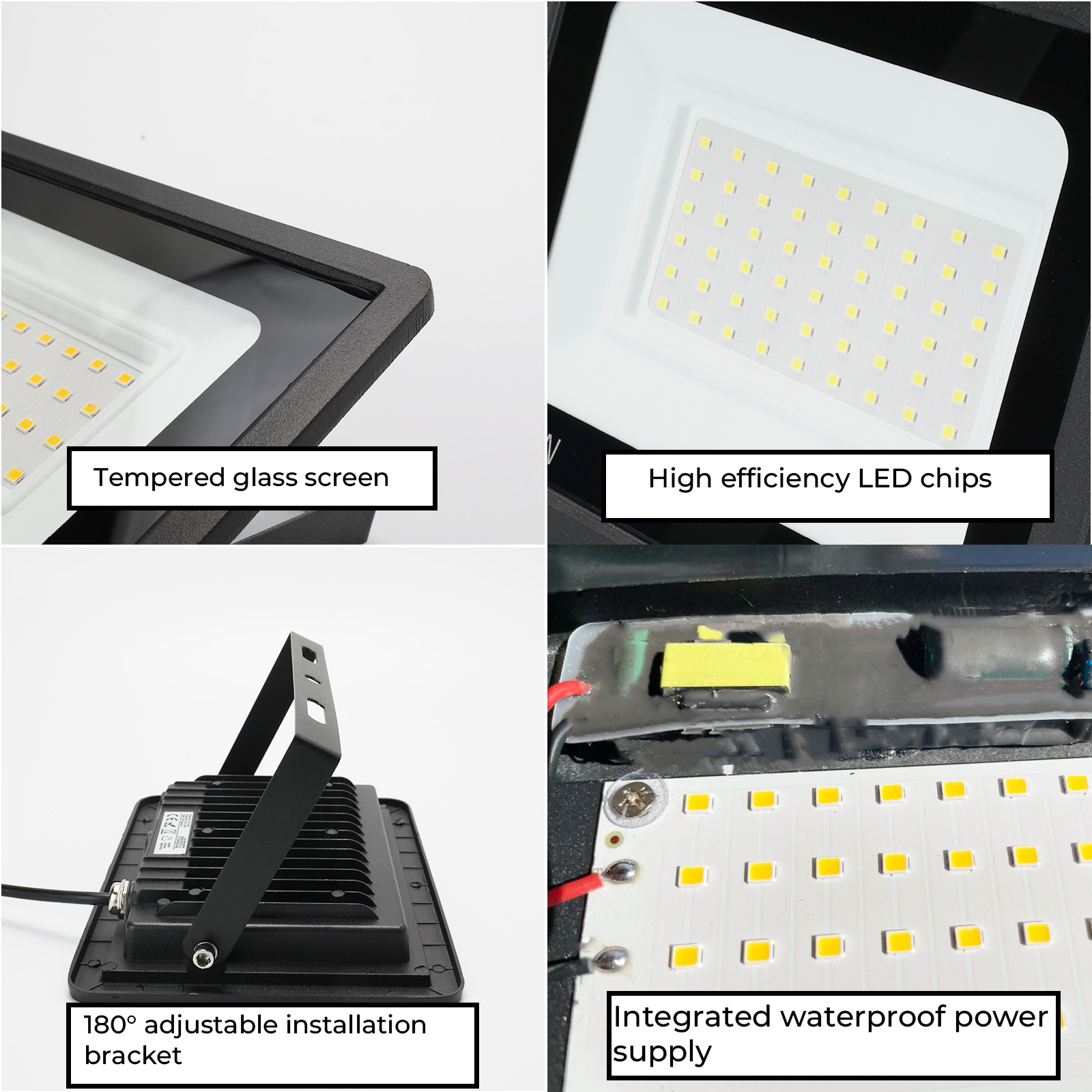 Primer plano de un foco LED, mostrando vidrio templado, chips LED, soporte ajustable y fuente de alimentación.