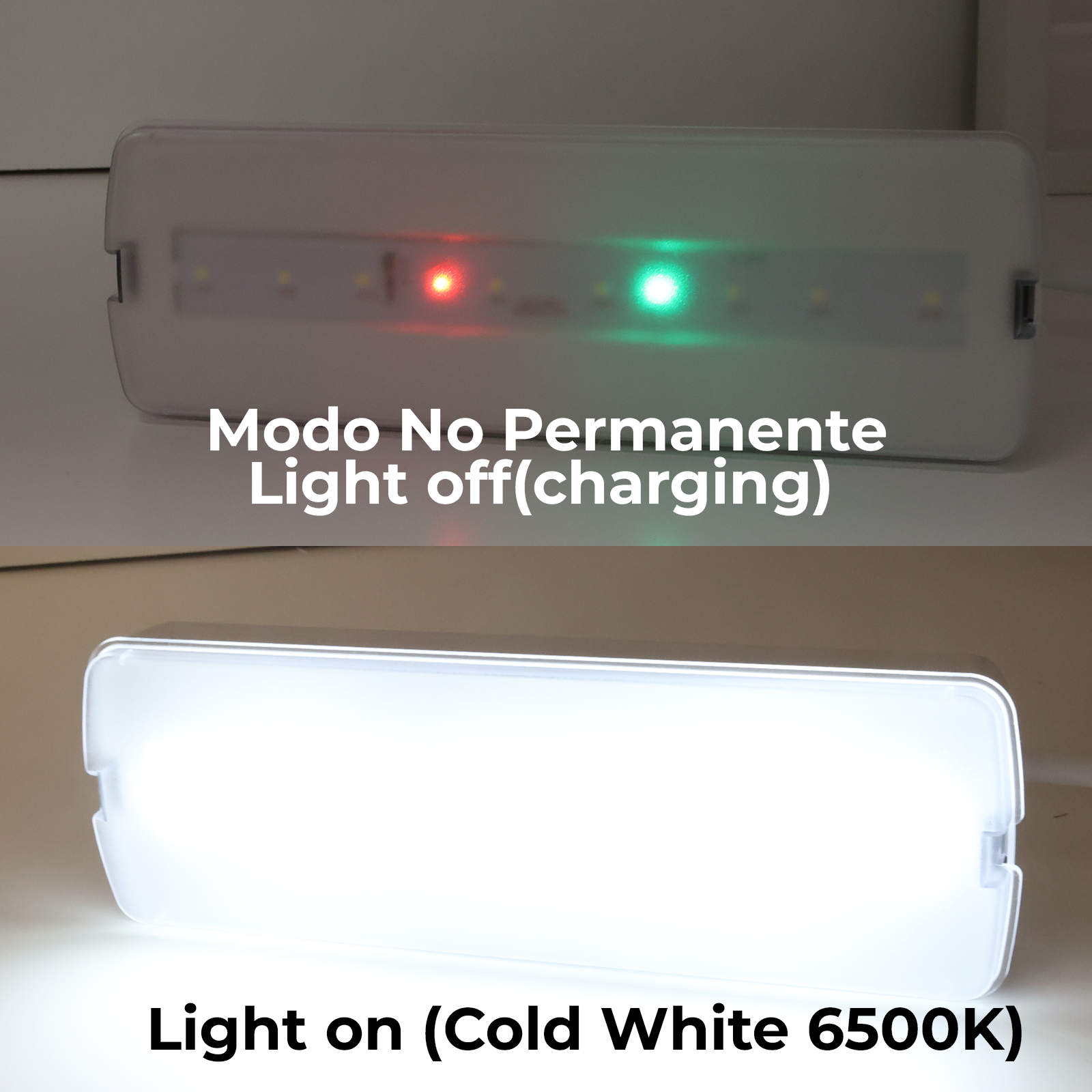 La imagen muestra dos luces LED, una que indica la carga con luces rojas y verdes, la otra que muestra una luz blanca fría.