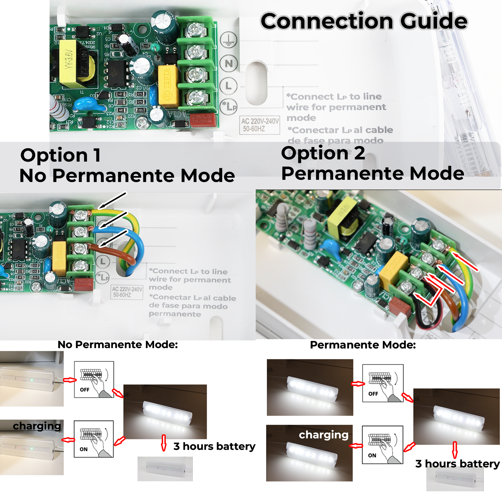 La imagen proporciona una guía de conexión para luces LED, que muestra las opciones de cableado para los modos permanente y no permanente.