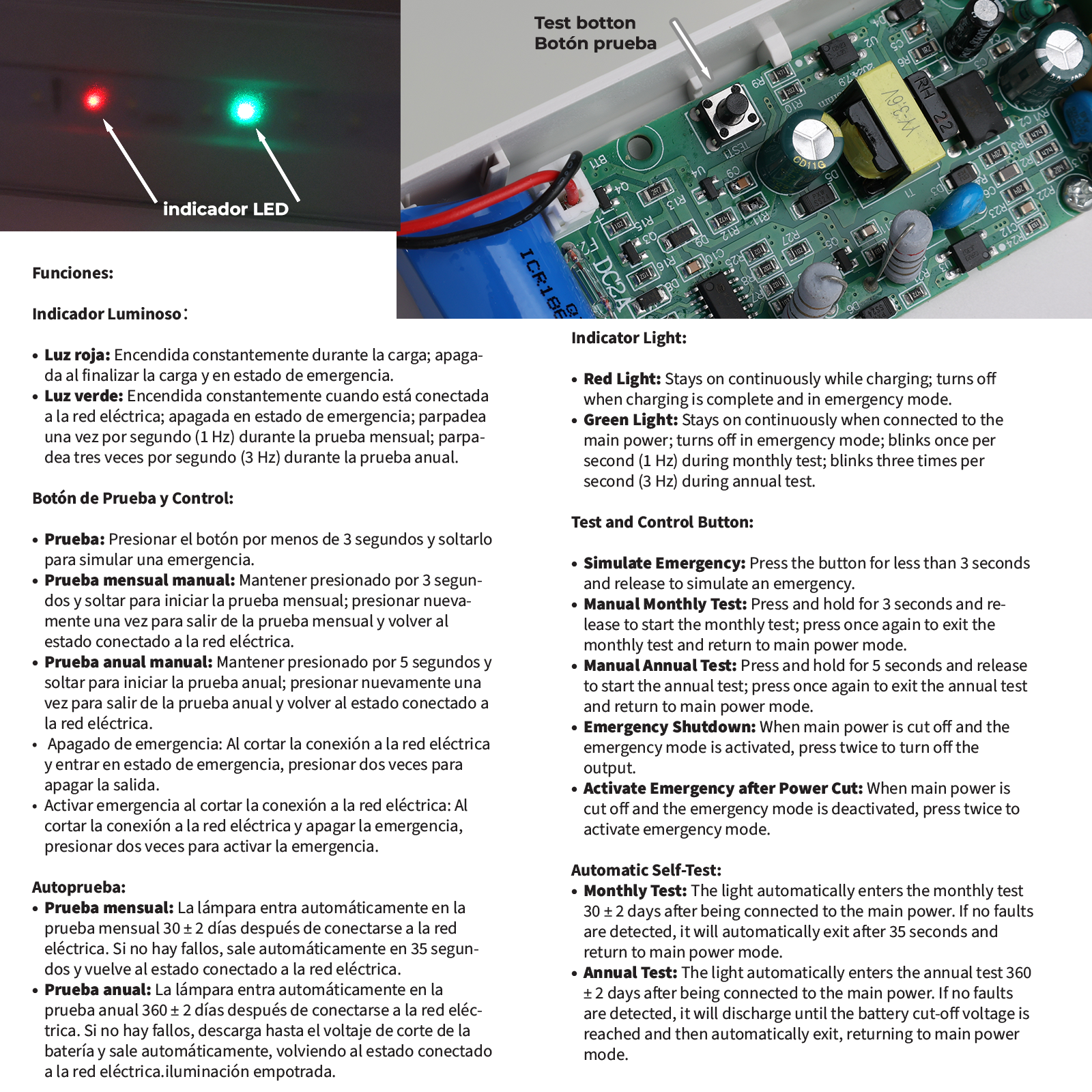 La imagen detalla las funciones de las luces indicadoras LED y un botón de prueba, proporcionando instrucciones para la simulación y prueba de emergencias.