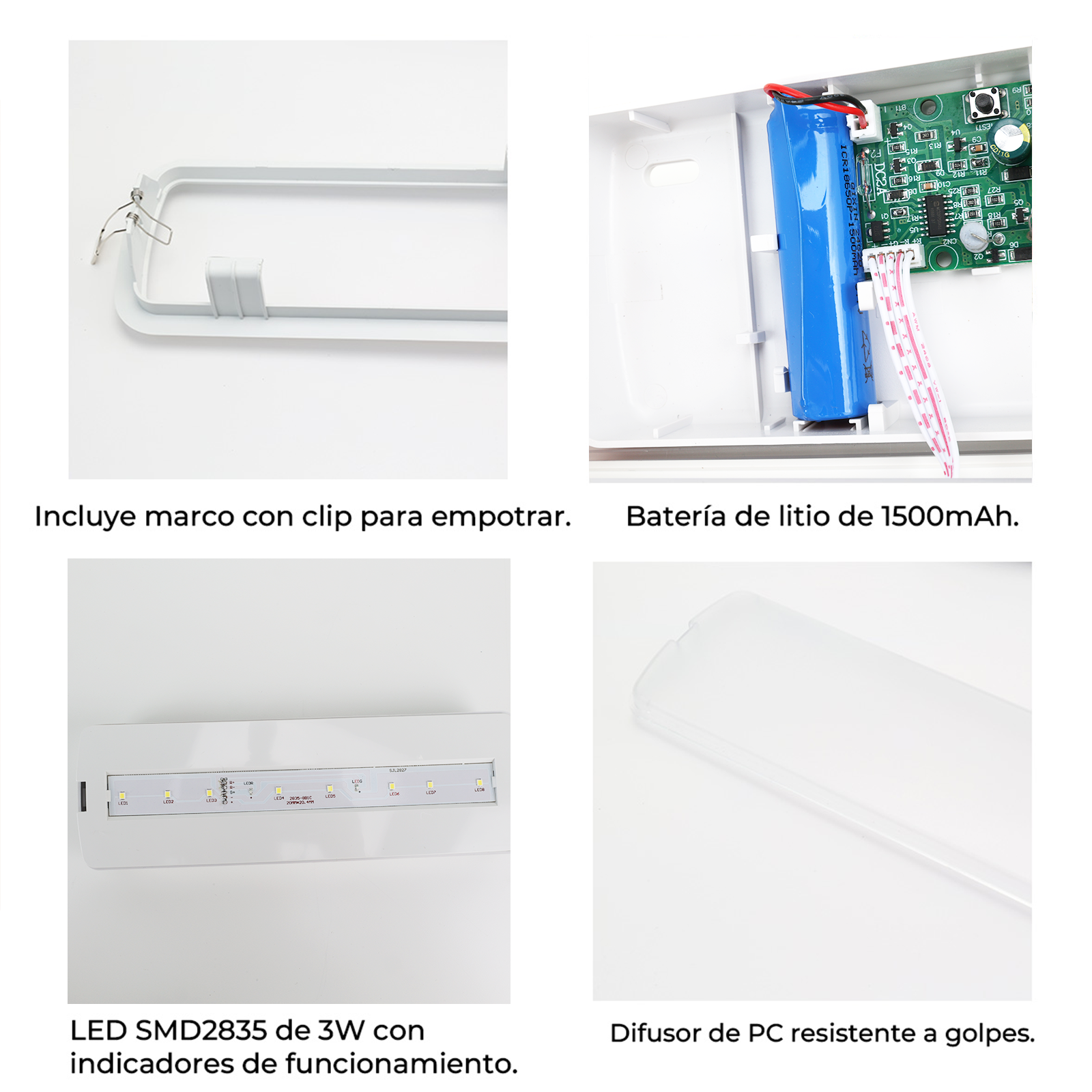 La imagen muestra los componentes de una luz LED, incluido un marco de montaje, una batería y una tira de LED, detallando su construcción.