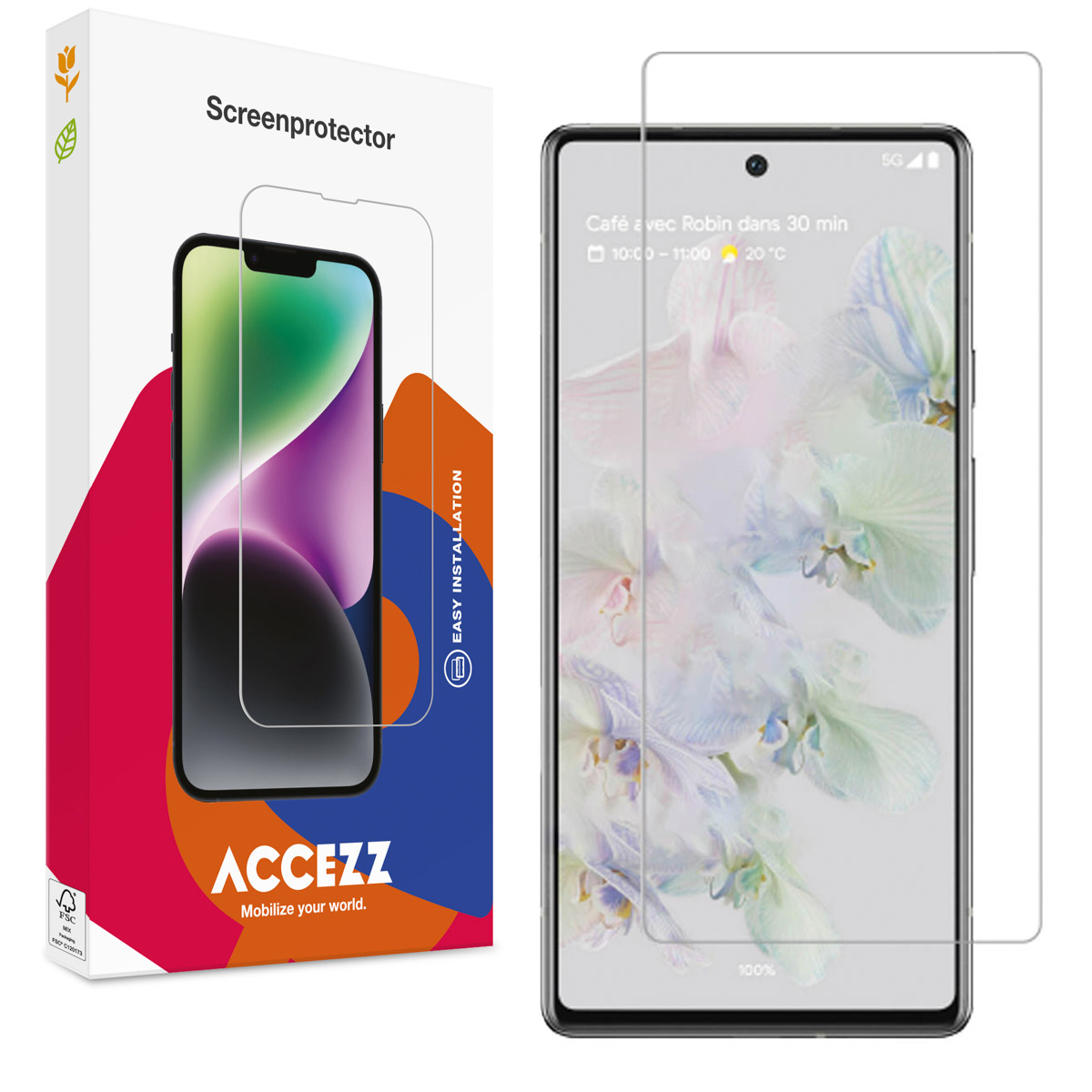 Een telefoon screenprotector doos en een telefoon met de protector aangebracht. De telefoon toont een app interface.
