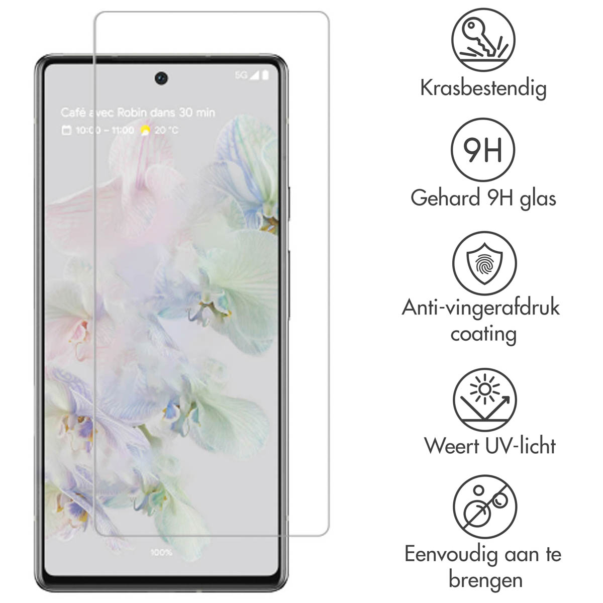Een telefoon met een screenprotector en iconen. Iconen geven functies aan zoals krasbestendigheid en UV-bescherming.