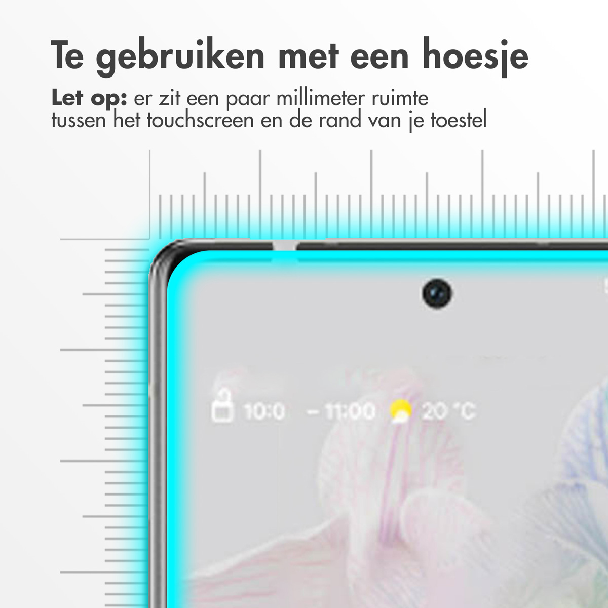 Een close-up van een telefoonscherm met een screenprotector. De tekst geeft aan dat het bruikbaar is met een hoesje.