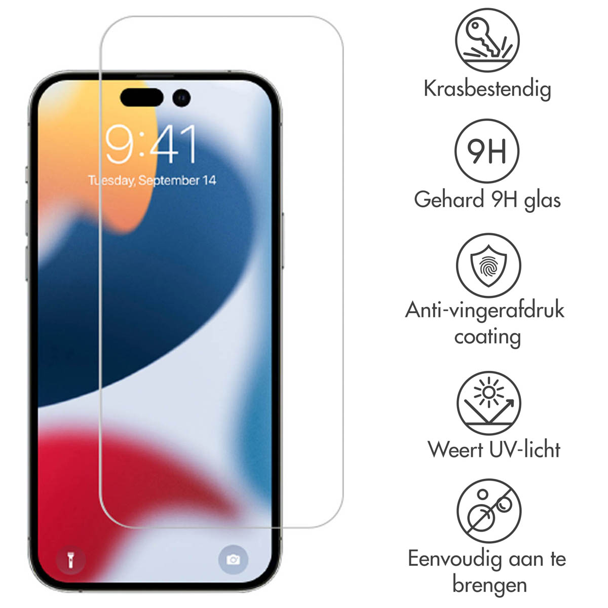 A phone with a screen protector applied. Icons indicate features like scratch resistance and UV protection.