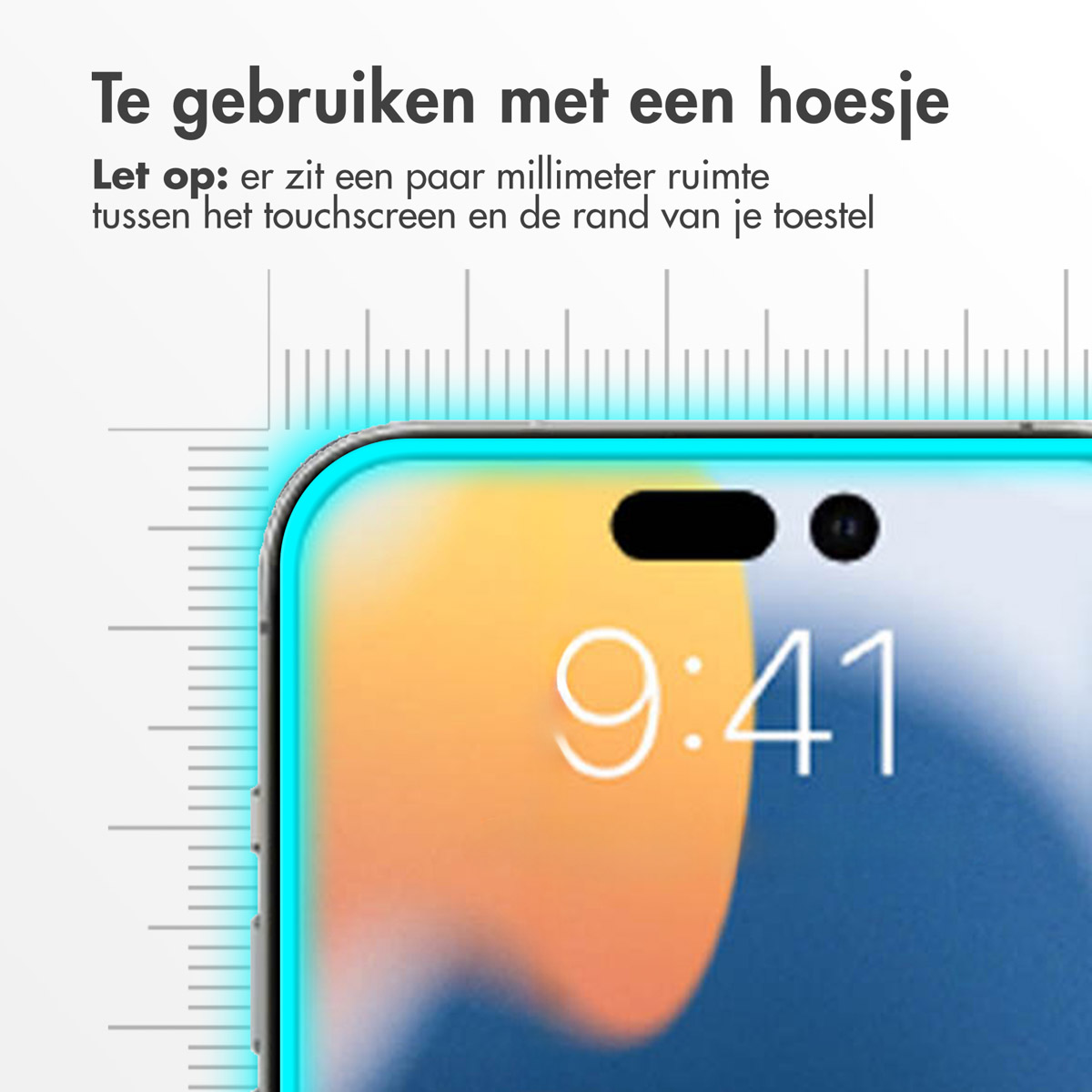 A phone screen with a screen protector applied, highlighting the edge and a measurement guide.