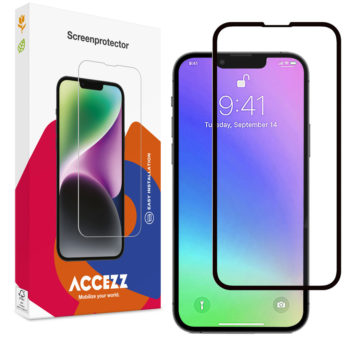 Een telefoon met een schermbeschermer en een doos. De beschermer zit op de telefoon.