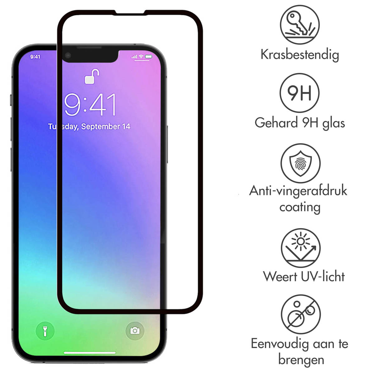 Een telefoon met een schermbeschermer. Pictogrammen op het scherm: sleutel, schild, zon en een vereenvoudigd telefoonpictogram.