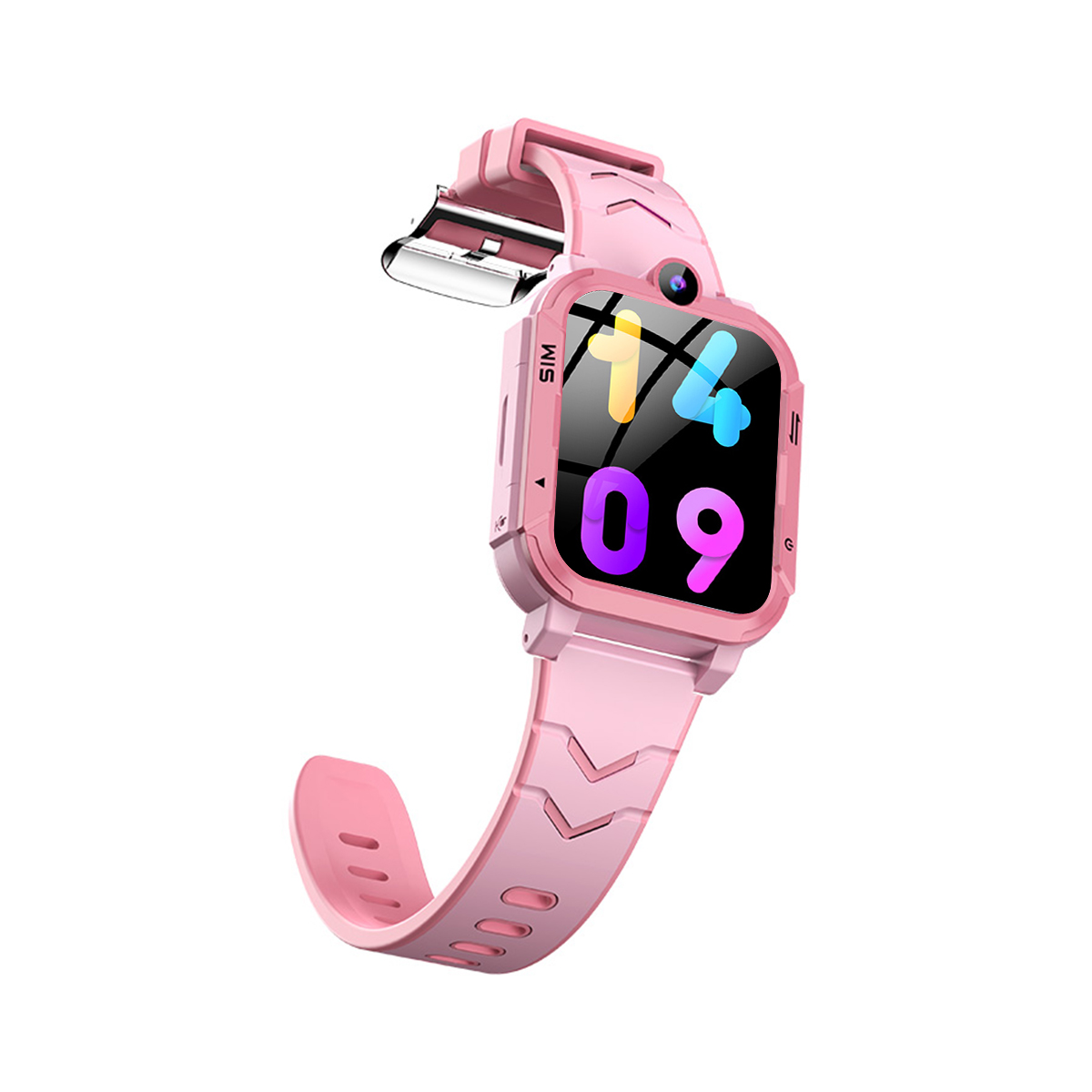 Eine rosa Smartwatch mit einem Bildschirm, der Datum und Uhrzeit anzeigt. Das Armband ist rosa.