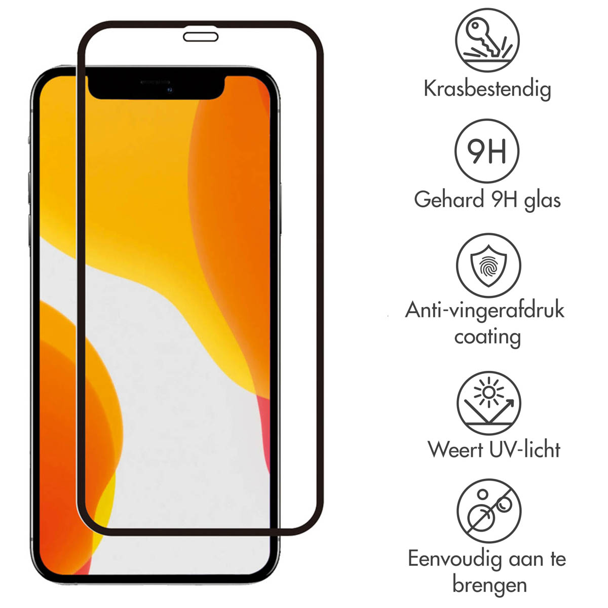 Un téléphone avec un protecteur d'écran. Les icônes sur l'écran sont une clé, un bouclier, le soleil et un téléphone.