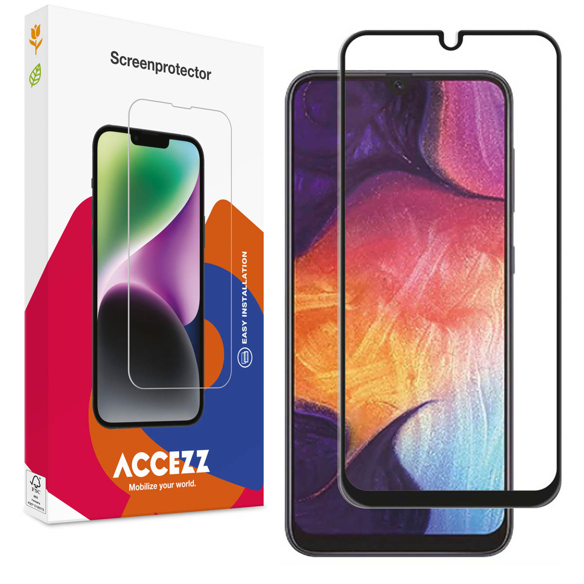 Un téléphone avec un protecteur d'écran et une boîte. L'arrière-plan du téléphone est orange et rose.