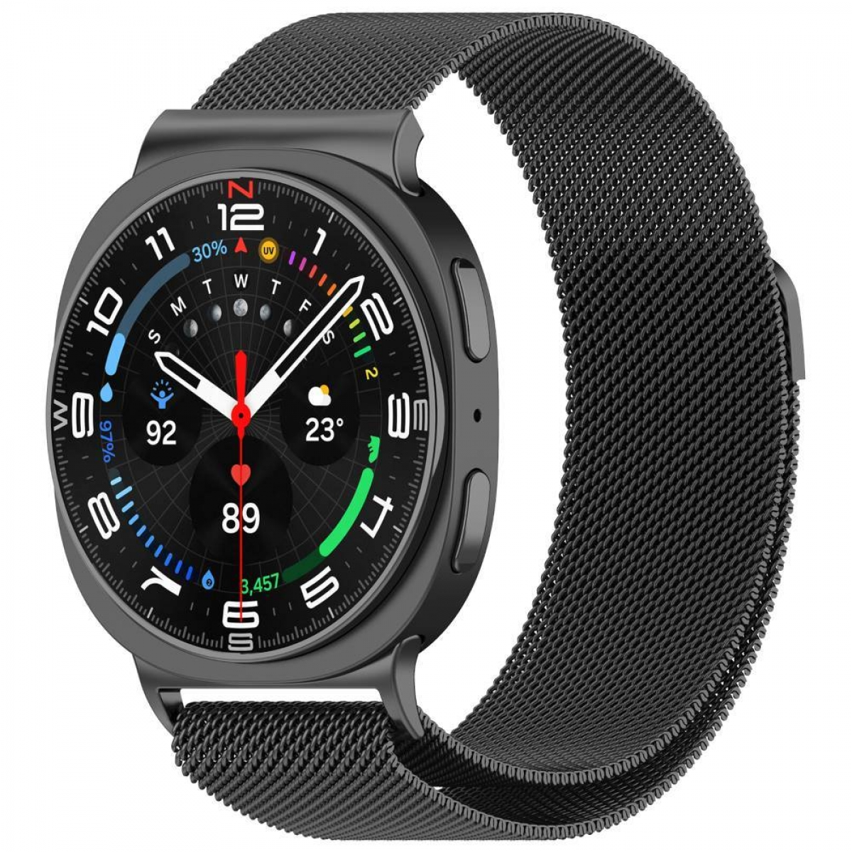Eine schwarze Smartwatch mit schwarzem Metallarmband. Das Zifferblatt hat verschiedene Datenanzeigen.