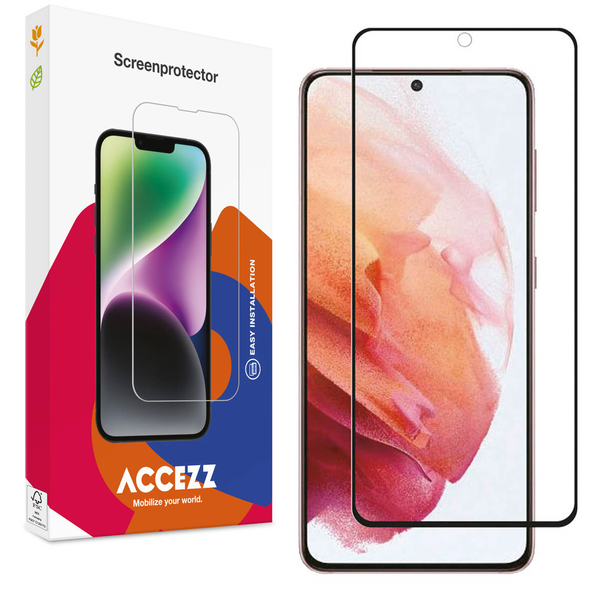 Una protezione per lo schermo accanto a un telefono, entrambi con schermi decorativi, su uno sfondo bianco.