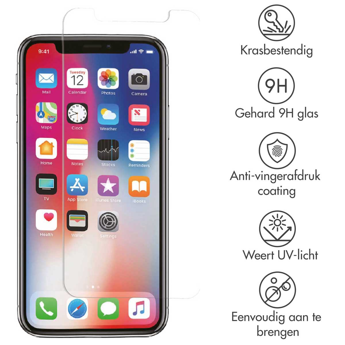 A screen protector next to a phone displaying app icons, surrounded by information graphics on a white background.