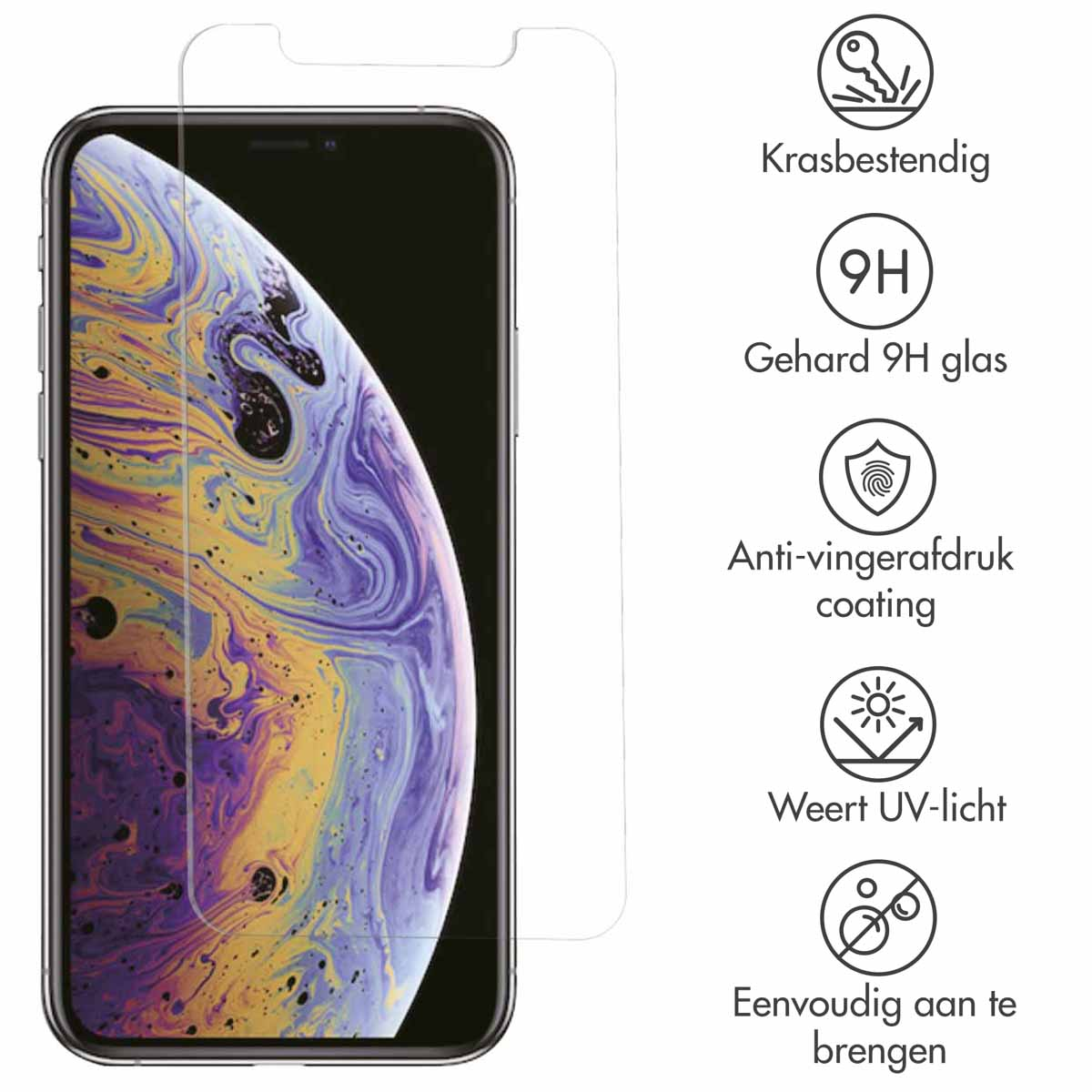 Phone with screen protector applied. Icons for scratch resistance, 9H glass, and UV light protection.