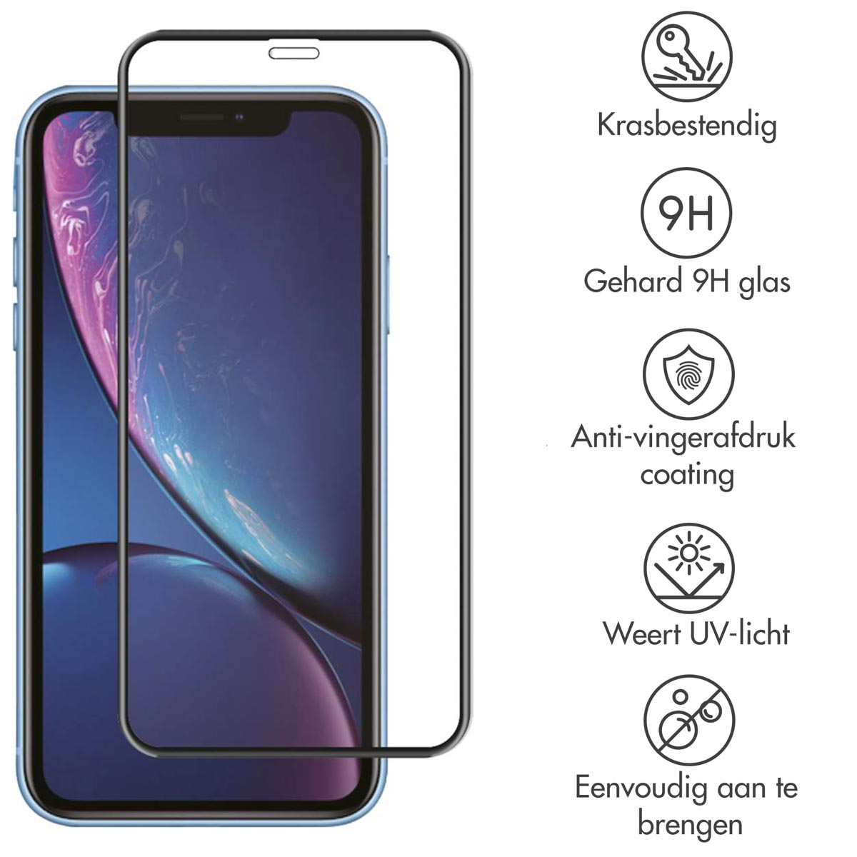 Phone with screen protector applied. Icons for scratch resistance, 9H glass, and UV light protection.