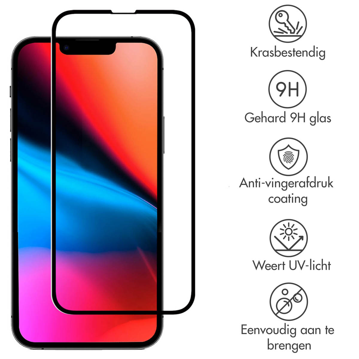 Un téléphone avec protecteur d'écran et des icônes affichant des fonctionnalités telles que la résistance aux rayures, le verre 9H et le revêtement anti-traces de doigts.
