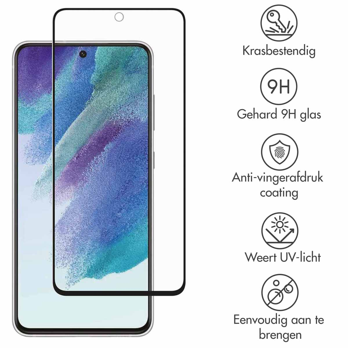 Telefoon met schermbeschermer erop. Pictogrammen voor krasbestendigheid, 9H-glas en UV-bescherming.