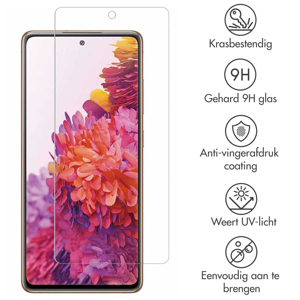 Een telefoon met een screenprotector erop, met een close-up van de bovenrand en een waarschuwing over de ruimte.