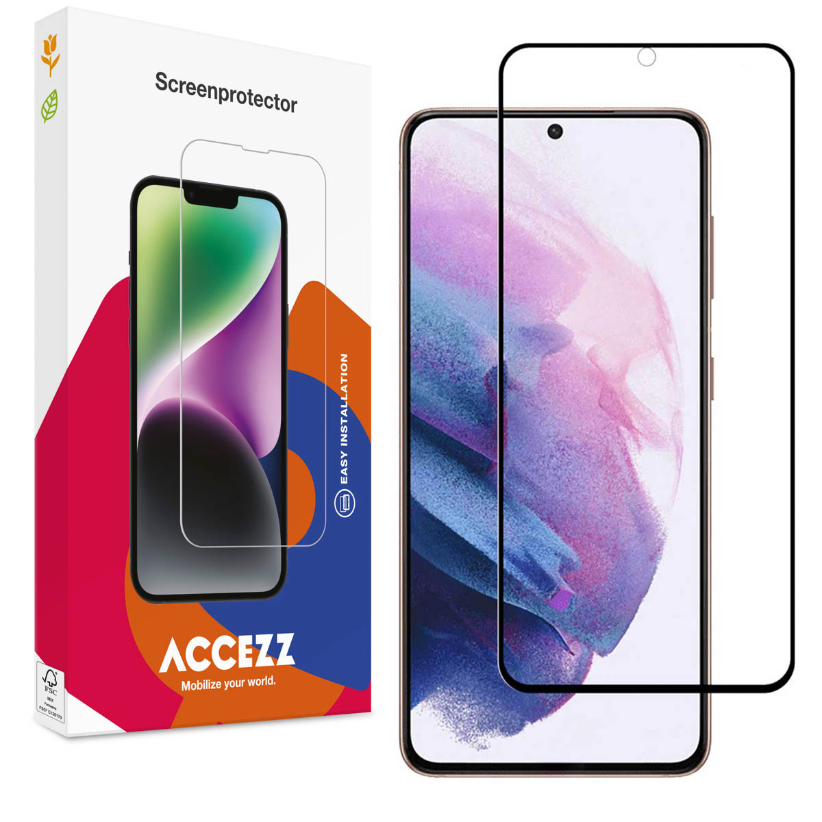 Een telefoon met een schermbeschermer naast de doos, de beschermer is transparant.