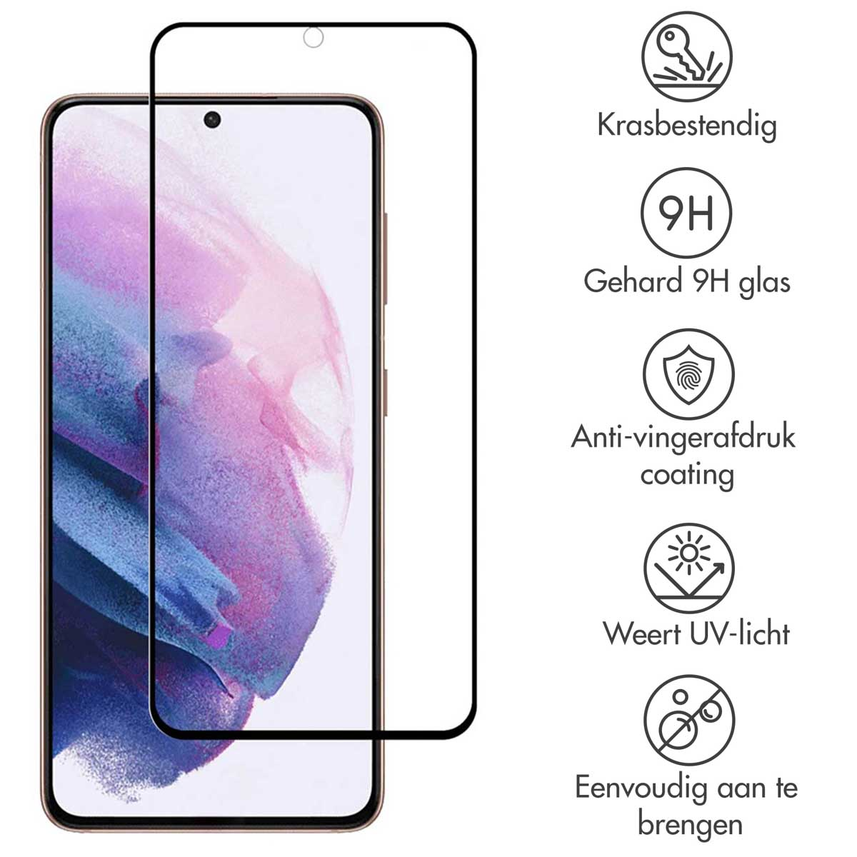 Een telefoon met een schermbeschermer staat naast de telefoon. De schermbeschermer is transparant.