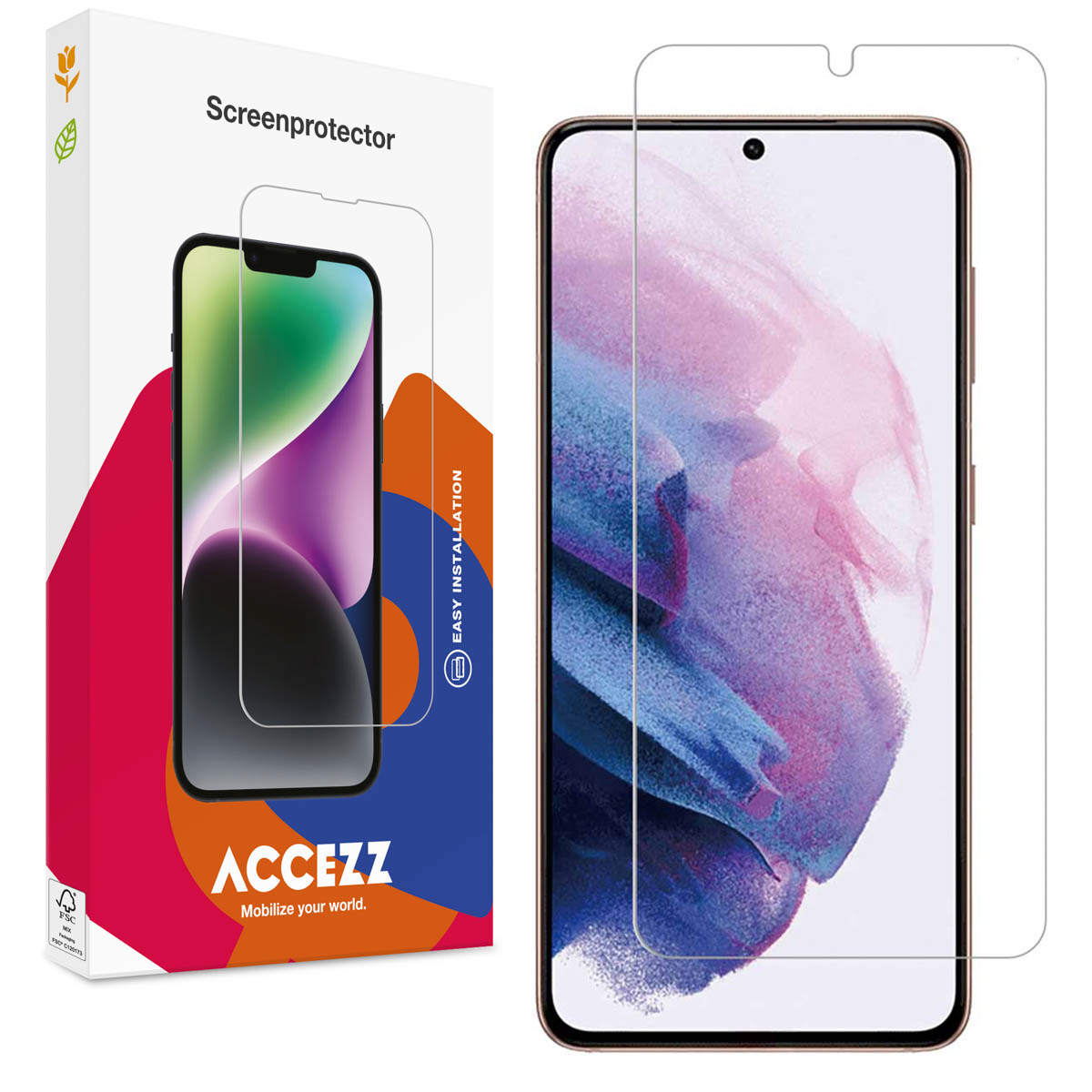 Een schermbeschermer en een telefoon. De doos toont een telefoon, de beschermer zit op de telefoon.