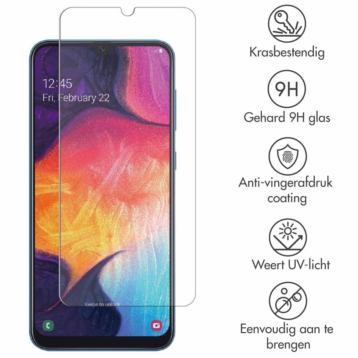 Un téléphone avec un protecteur d'écran et des icônes. Les icônes montrent des fonctionnalités comme la résistance aux rayures et la protection UV.