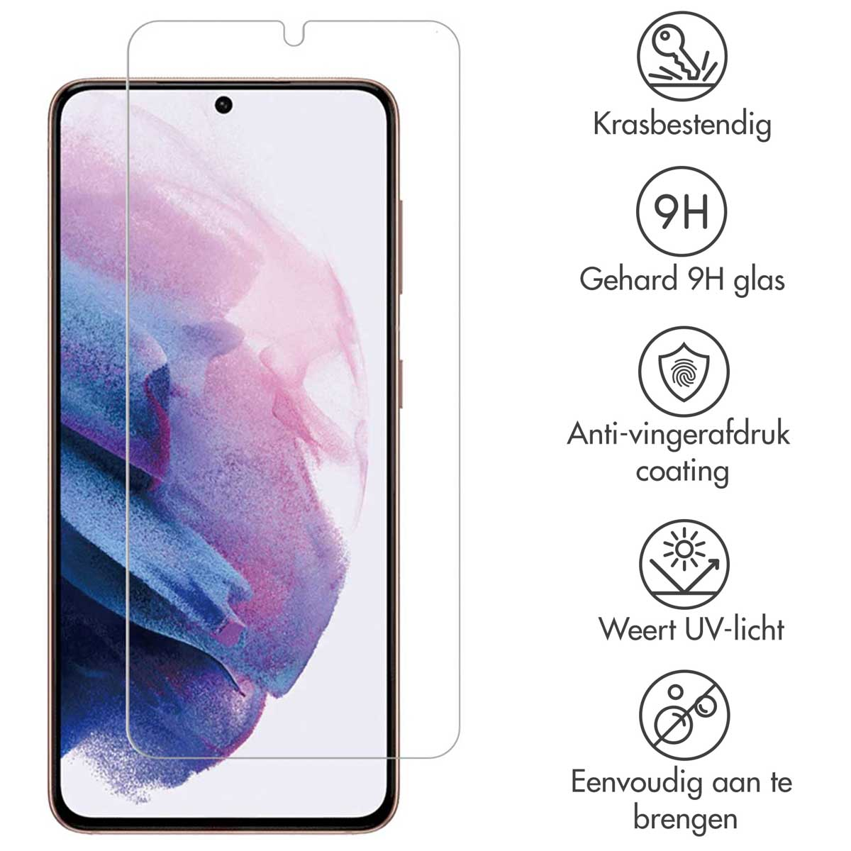 Een telefoon met schermbeschermer en iconen. Iconen tonen krasbestendigheid, UV-bescherming en eenvoudige aanbrenging.