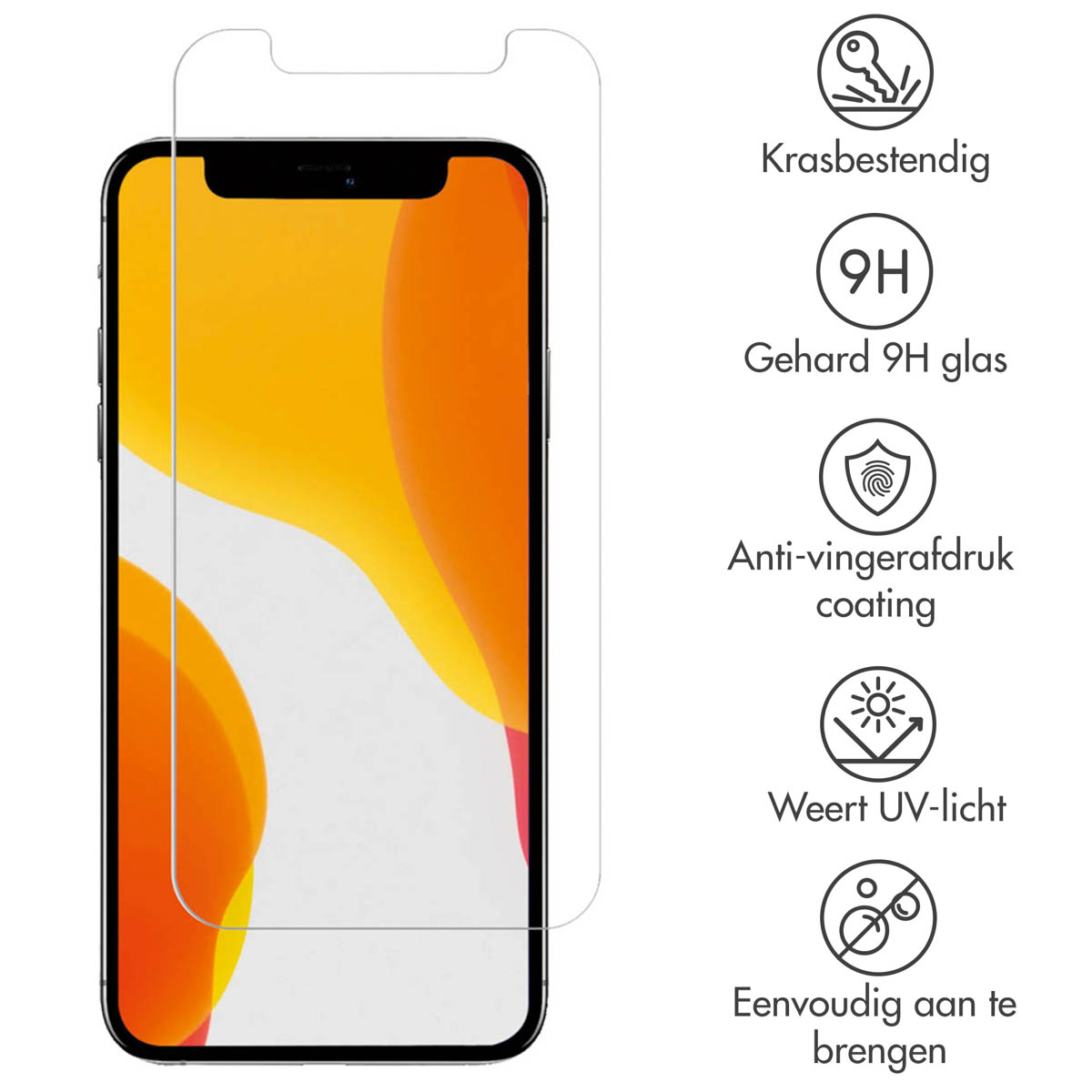 A phone with a screen protector and icons displaying features such as scratch resistance and anti-fingerprint coating.