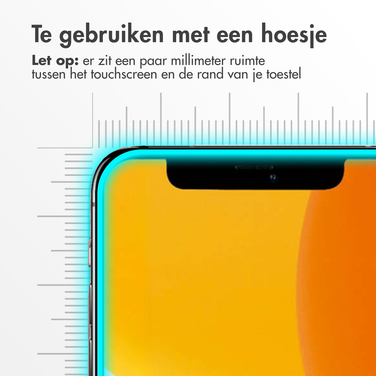 A phone with a screen protector applied, showing a close-up of the top edge, and a warning about space.