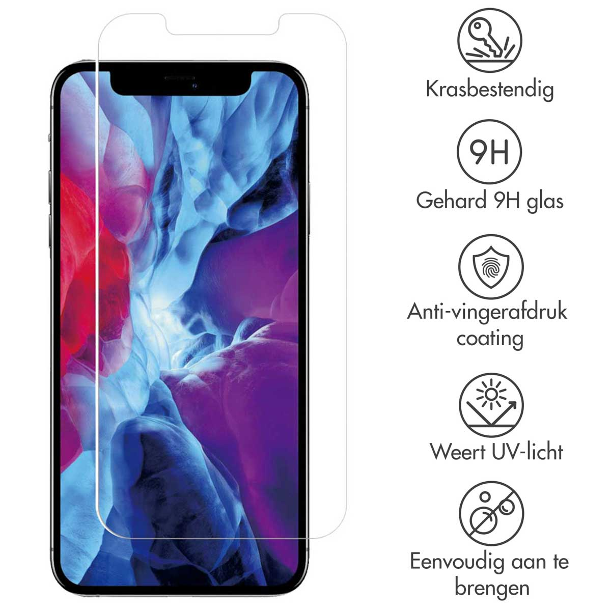 Un téléphone avec un protecteur d'écran et des icônes. Icônes montrent la résistance aux rayures et la protection UV.