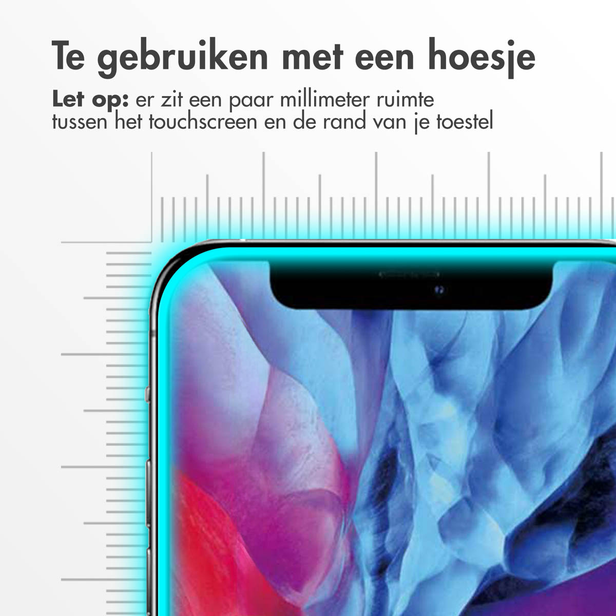 Gros plan d'un téléphone avec protecteur d'écran. Texte: petit espace entre écran tactile et bord.
