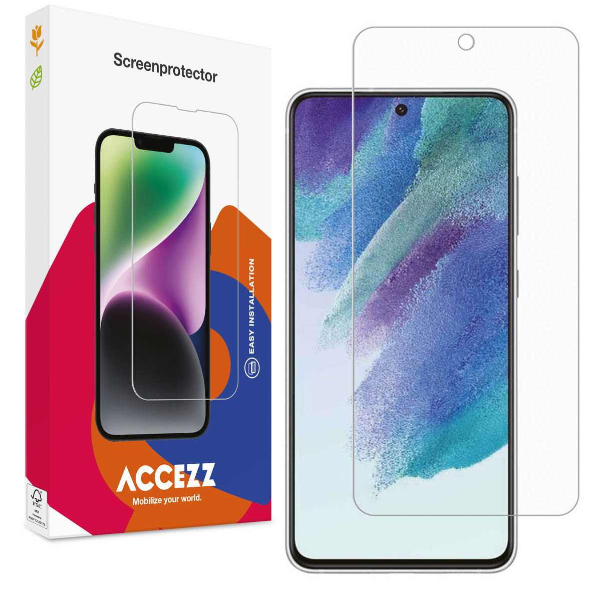 Een telefoon screenprotector doos en een telefoon met een screenprotector erop. De telefoon toont een kleurrijke achtergrond.
