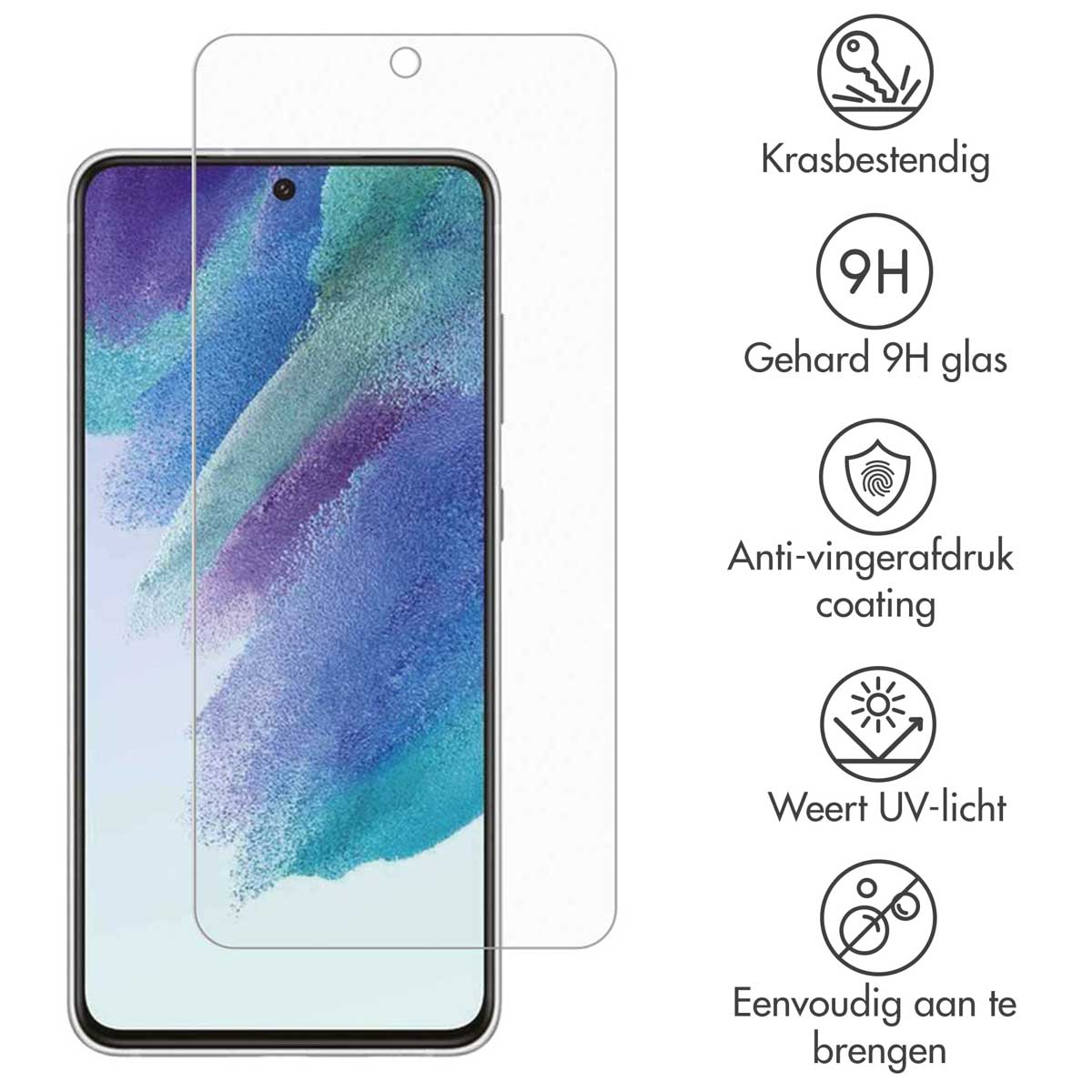 Een telefoon met screenprotector en pictogrammen met functies zoals krasbestendigheid en anti-vingerafdruk coating.