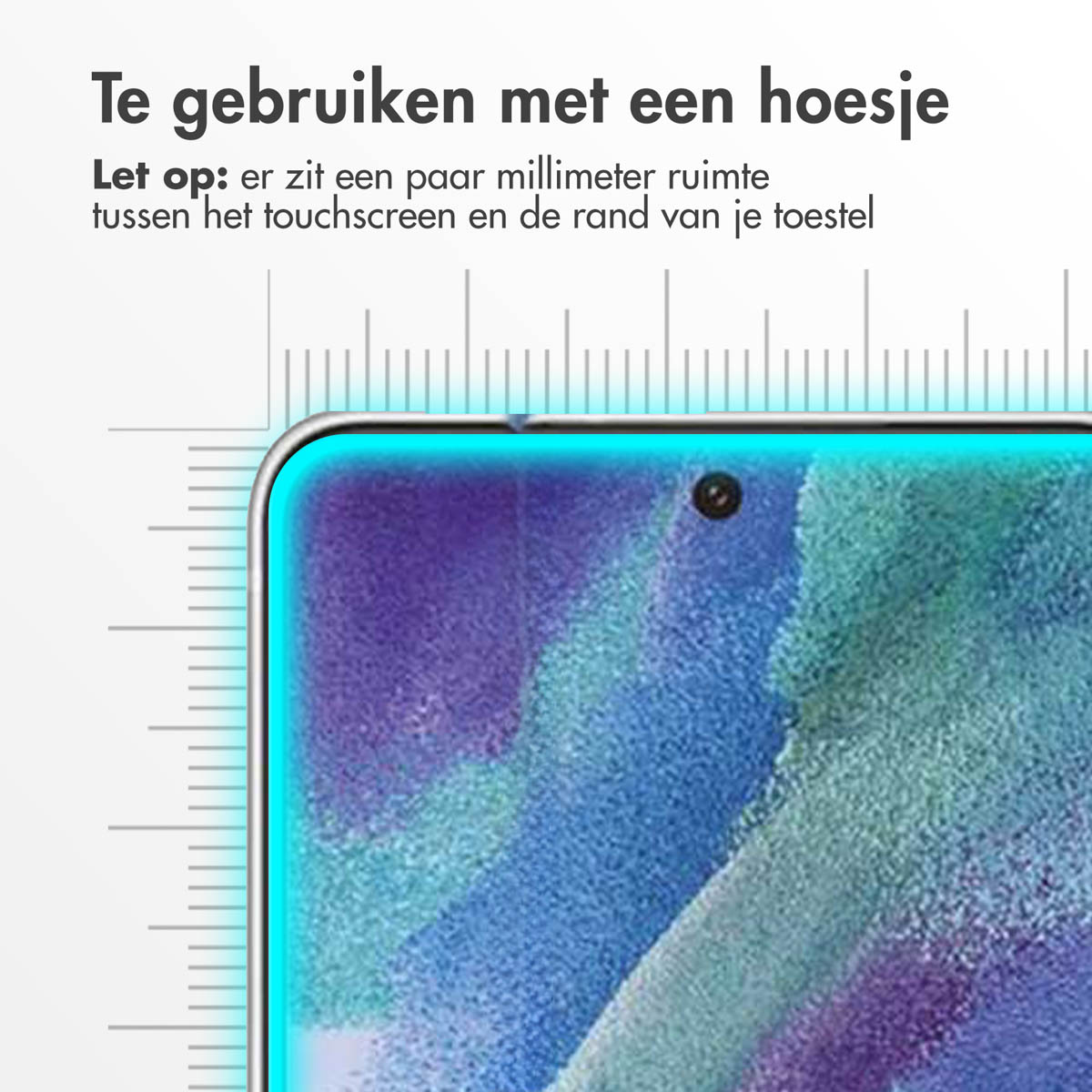 Een telefoon met een screenprotector erop, met een close-up van de bovenrand en een waarschuwing over de ruimte.