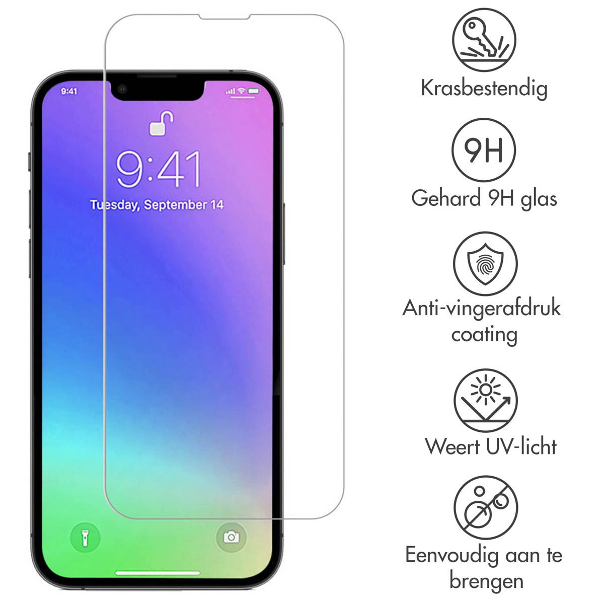 Un téléphone avec un protecteur d'écran. Des icônes détaillant les caractéristiques du protecteur d'écran sont à droite.