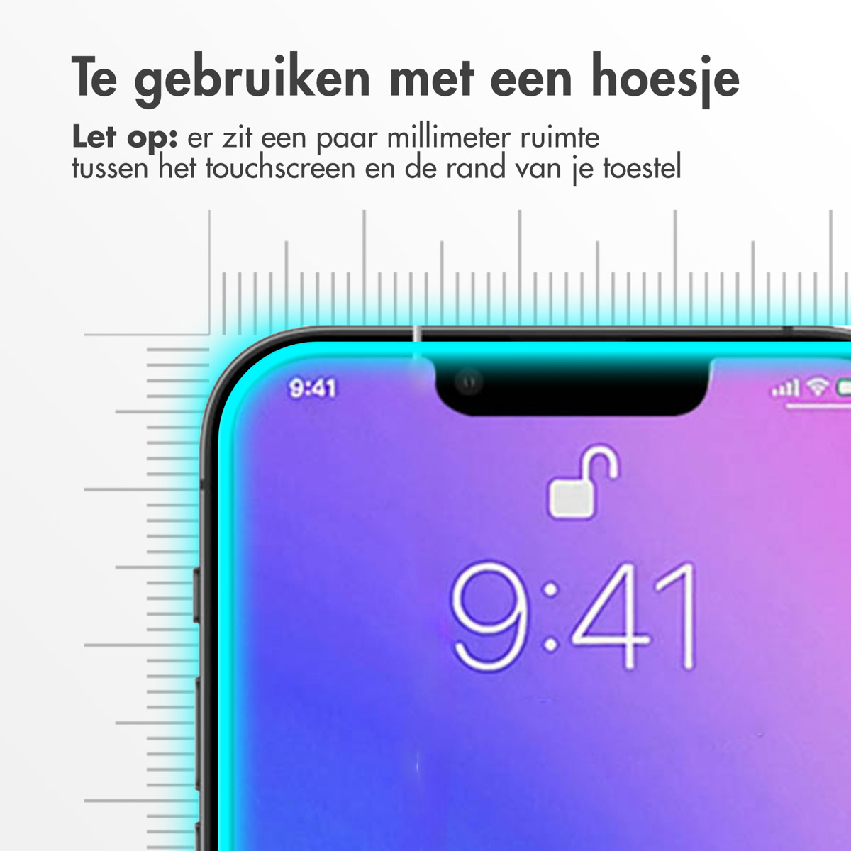 Gros plan sur l'écran d'un téléphone avec une superposition de règle. L'écran affiche l'heure.